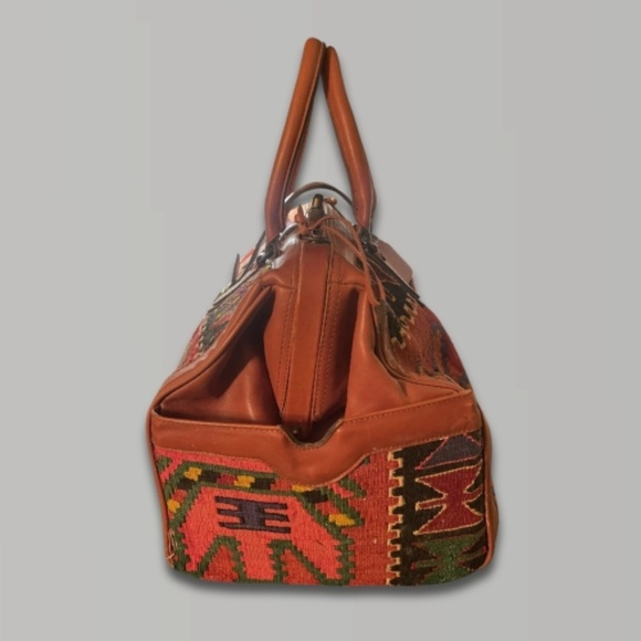 Vintage YUN ART Travel Bag Kilim Wool Leather Turkish Pattern Rush/Tan One Size - Picture 3 of 15